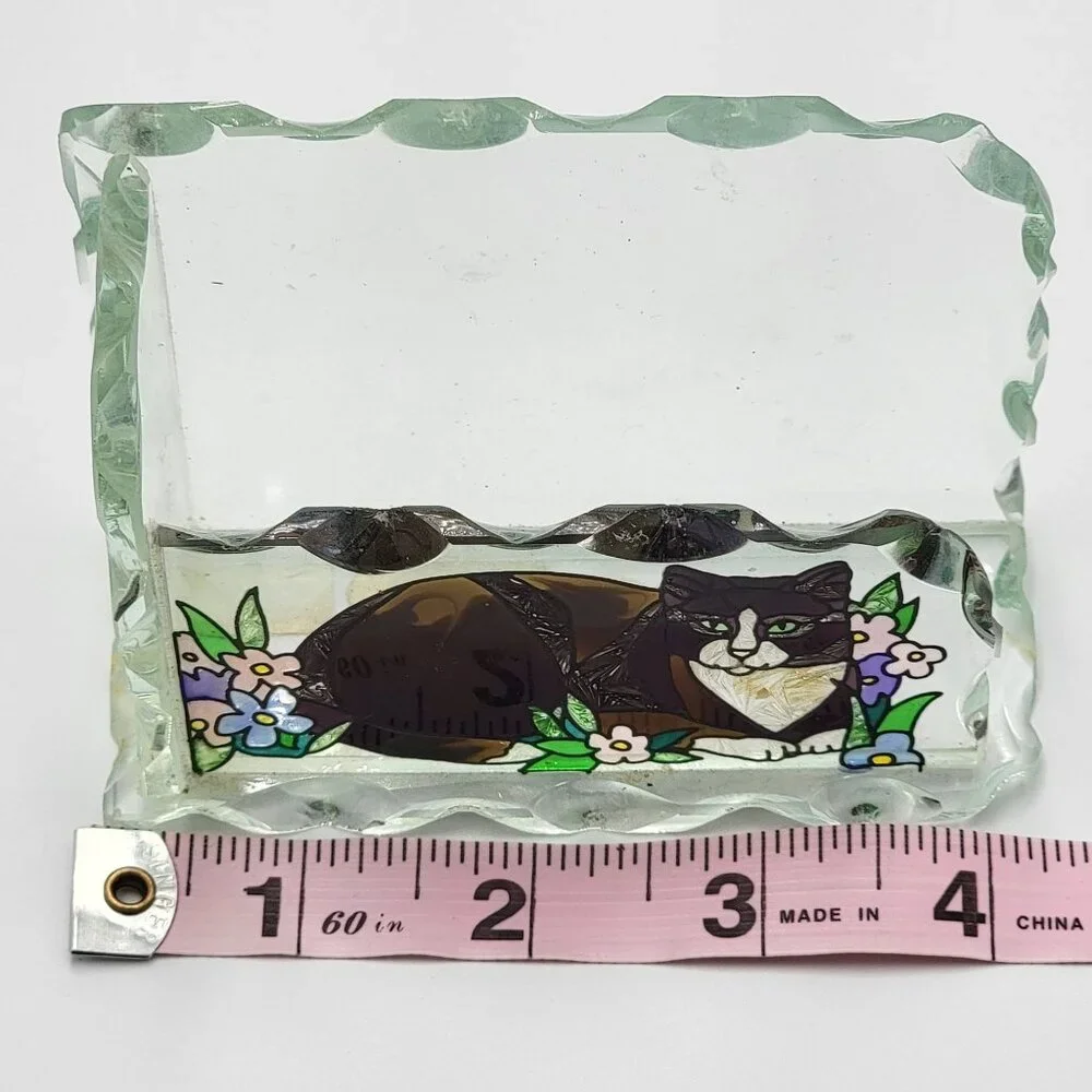 Vtg Tiffany Cats Hand Painted Glass Card Holder By Joan Baker